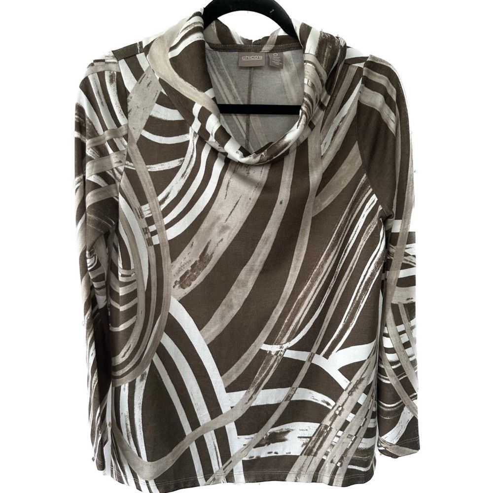 Chico's Women's Caity Swirly Artsy Design Cowl Neck Sweater Trendy Earth Tones 4